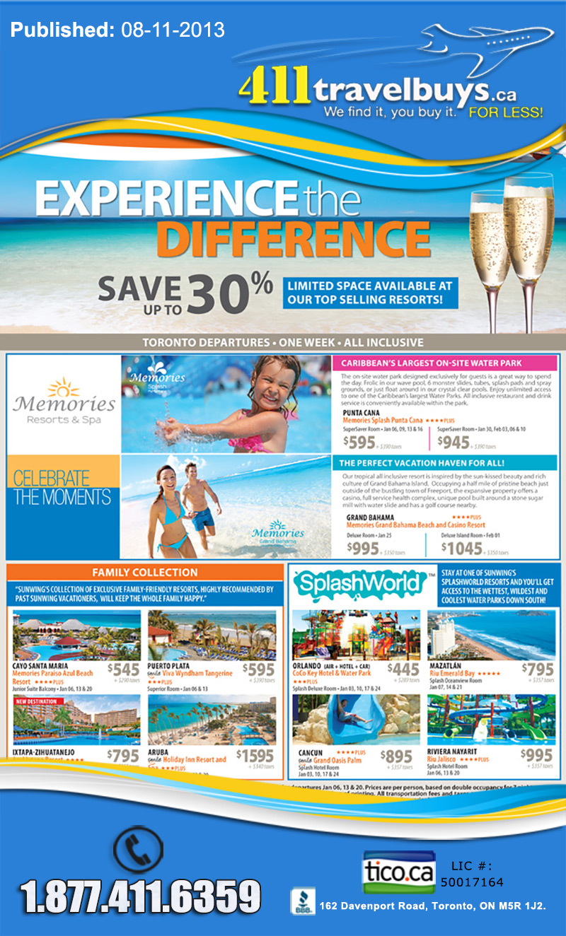 Sunwing Vacations Experience the Difference Save Up to 30