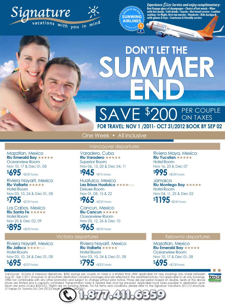 Signature Vacations Endless Summer Deals Save 200 per Couple All