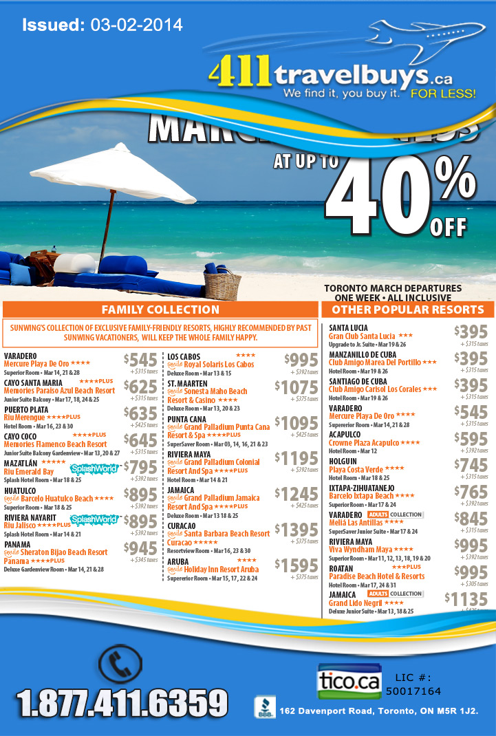 Sunwing March Madness Sale | SAVE up to 40% OFF! | 411TravelBuys.ca