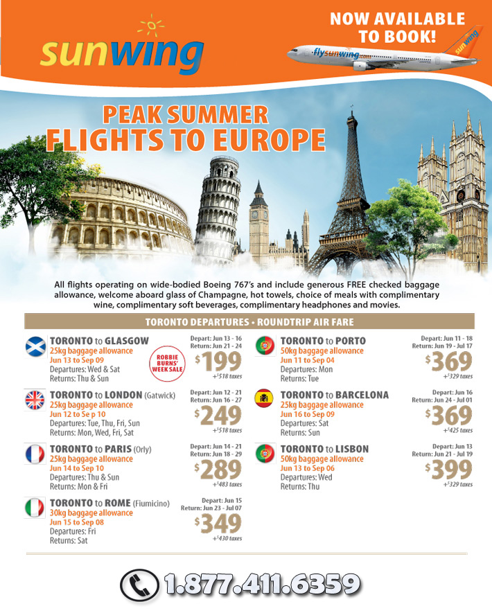 Sunwing Peak Europe Flight Deals and Specials