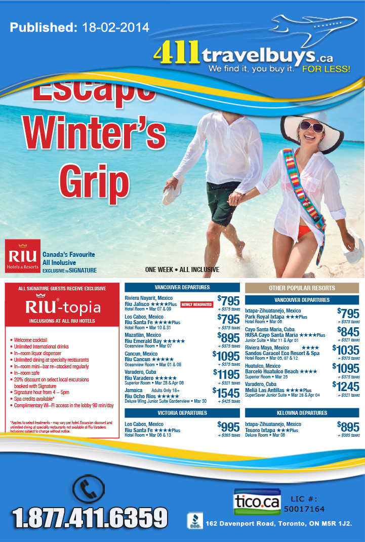 Signature Vacations  Escape Winter’s Grip  All Inclusive Vacation Packages  411TravelBuys.ca